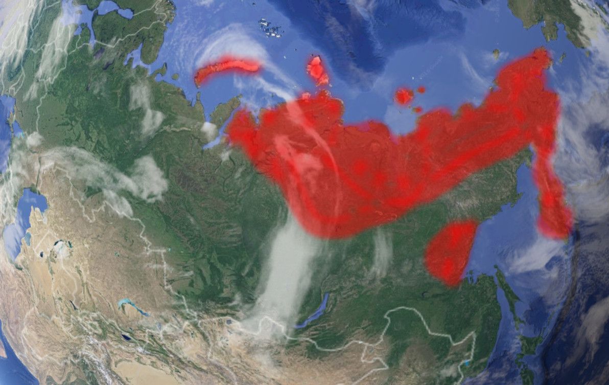 Map of Siberia: areas without roads (approximate) are highlighted in red.