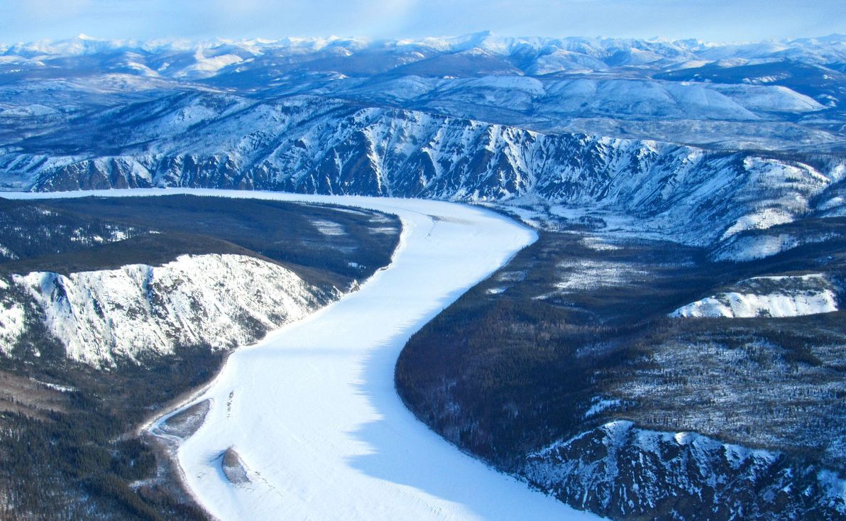 Alaska's Yukon River frozen solid in winter.