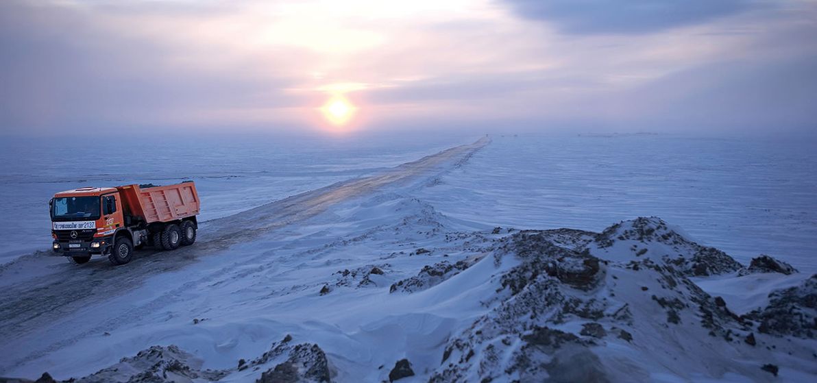 A road (of sorts) slowly being extended into the vast nothingness of Siberia.