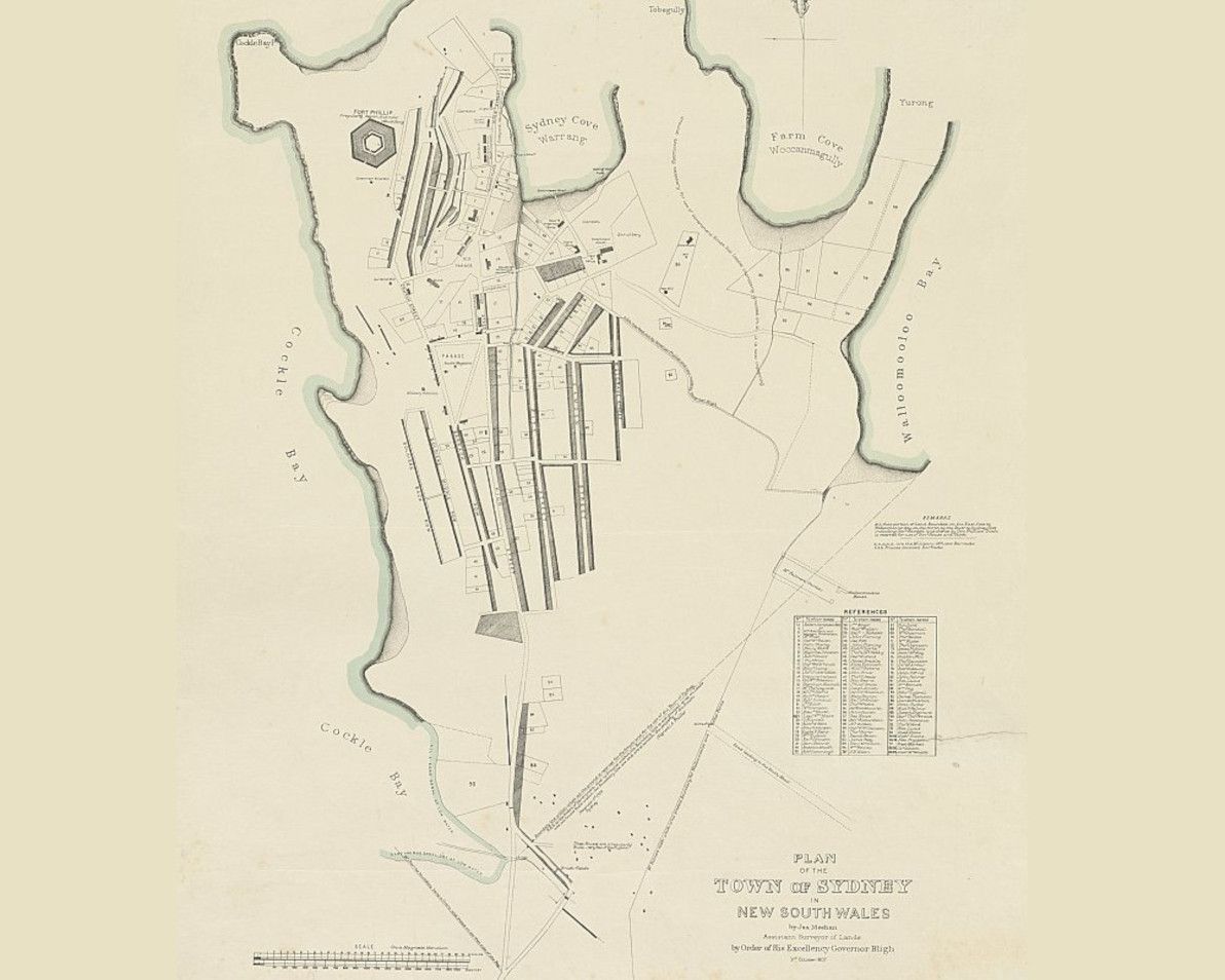 James Meehan's 1803 map of Sydney, with the original Tank Stream marked.