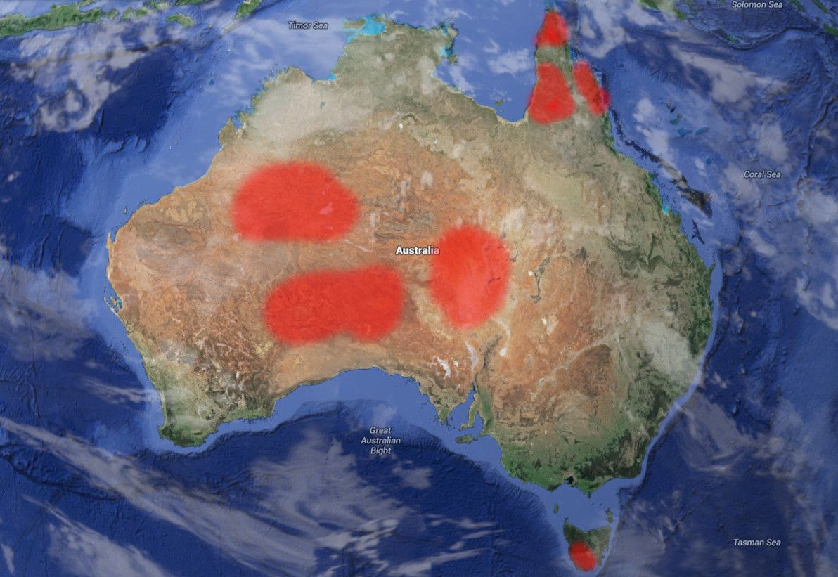 Map of Australia: areas without roads (approximate) are highlighted in red.