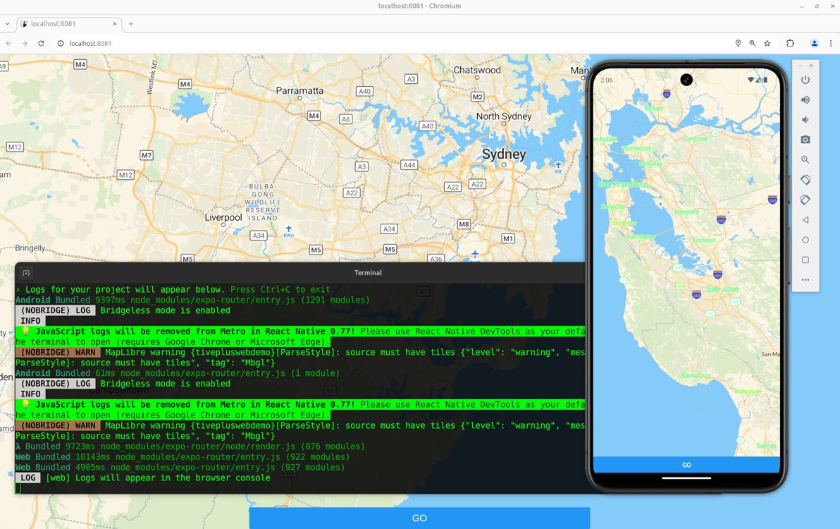 Behold, a MapLibre map, working both for native and for web, in Expo.