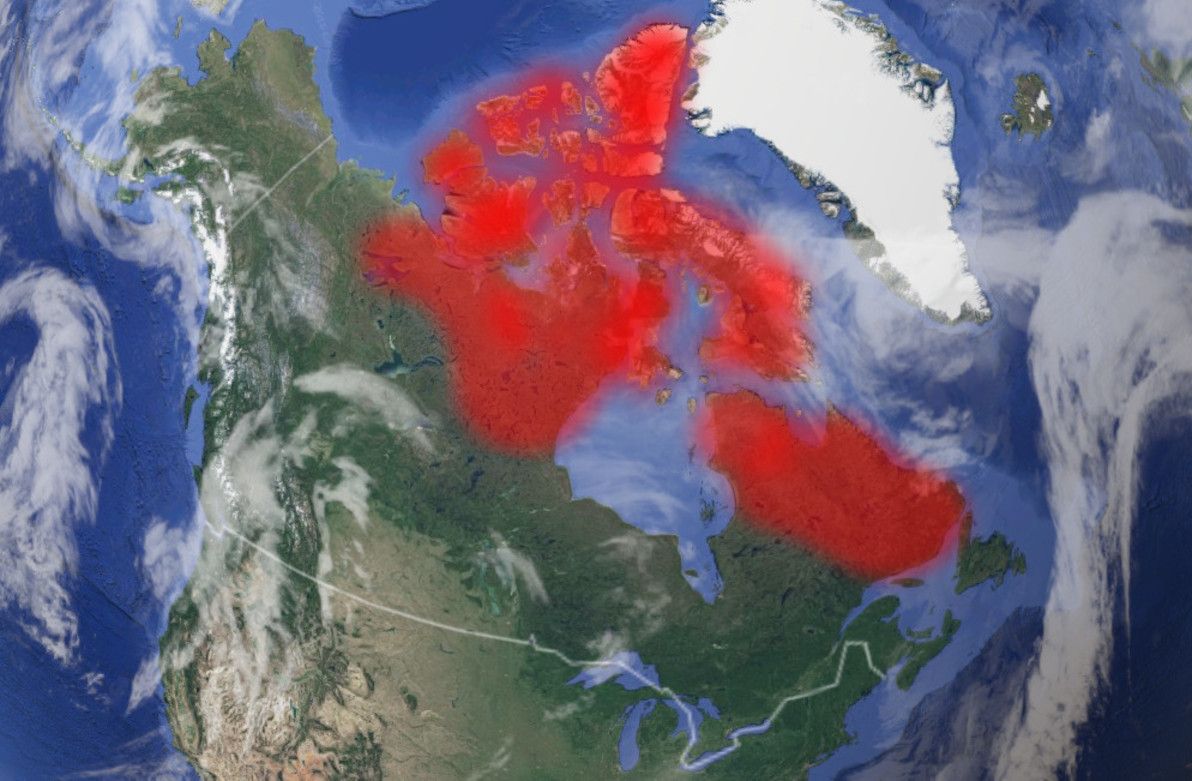 Map of Canada: areas without roads (approximate) are highlighted in red.