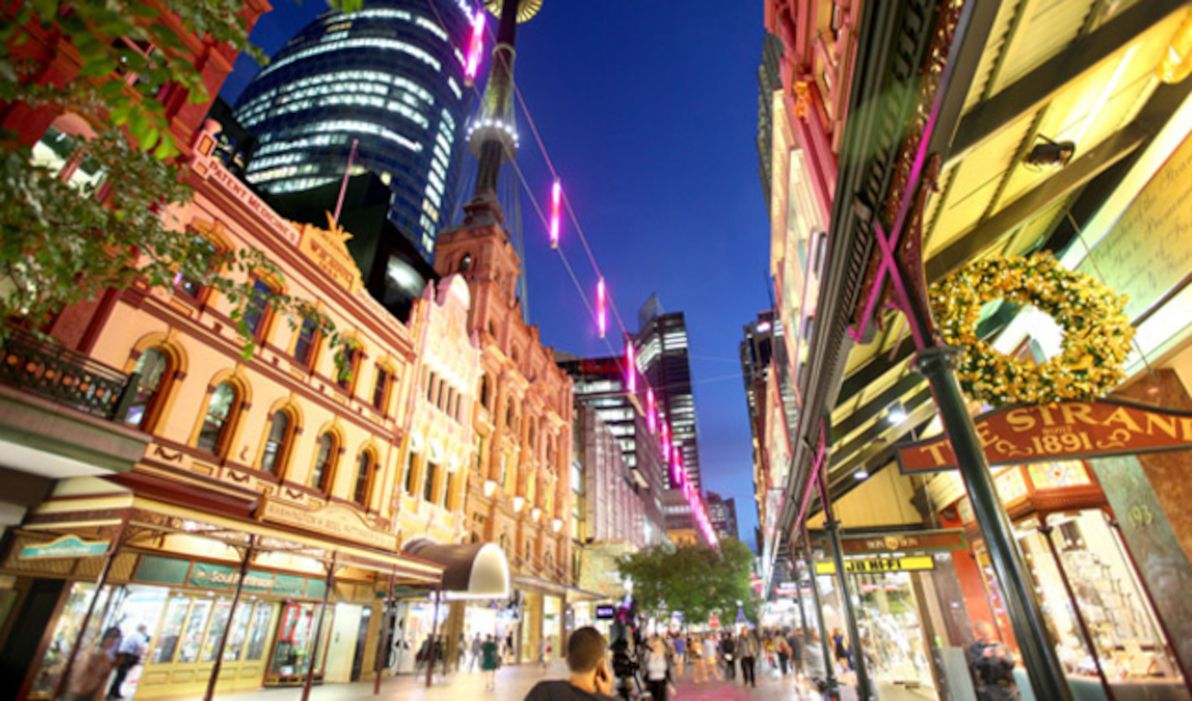 Sydney's central shopping precinct of Pitt St Mall, with Sydney Tower visibly adjacent to it.