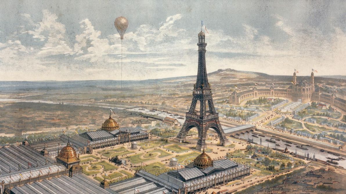 Illustration of the Eiffel Tower during the 1889 World's Fair.