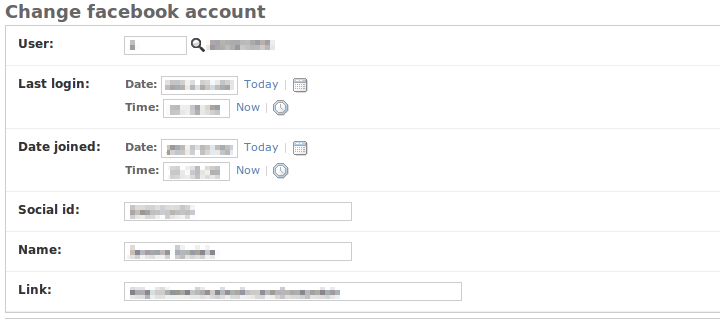 Facebook account record in the Django admin.
