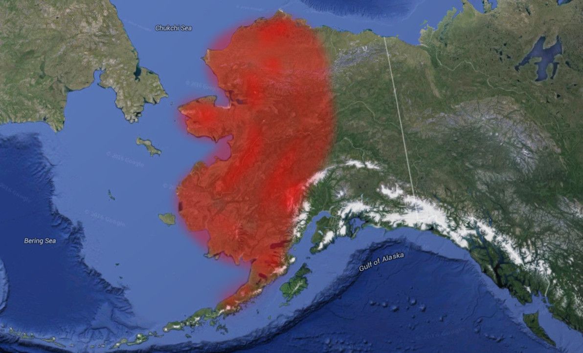 Map of Alaska: areas without roads (approximate) are highlighted in red.