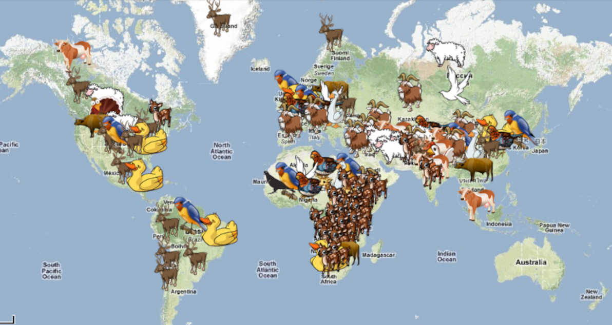 Map showing the native locations of kosher animals around the world.