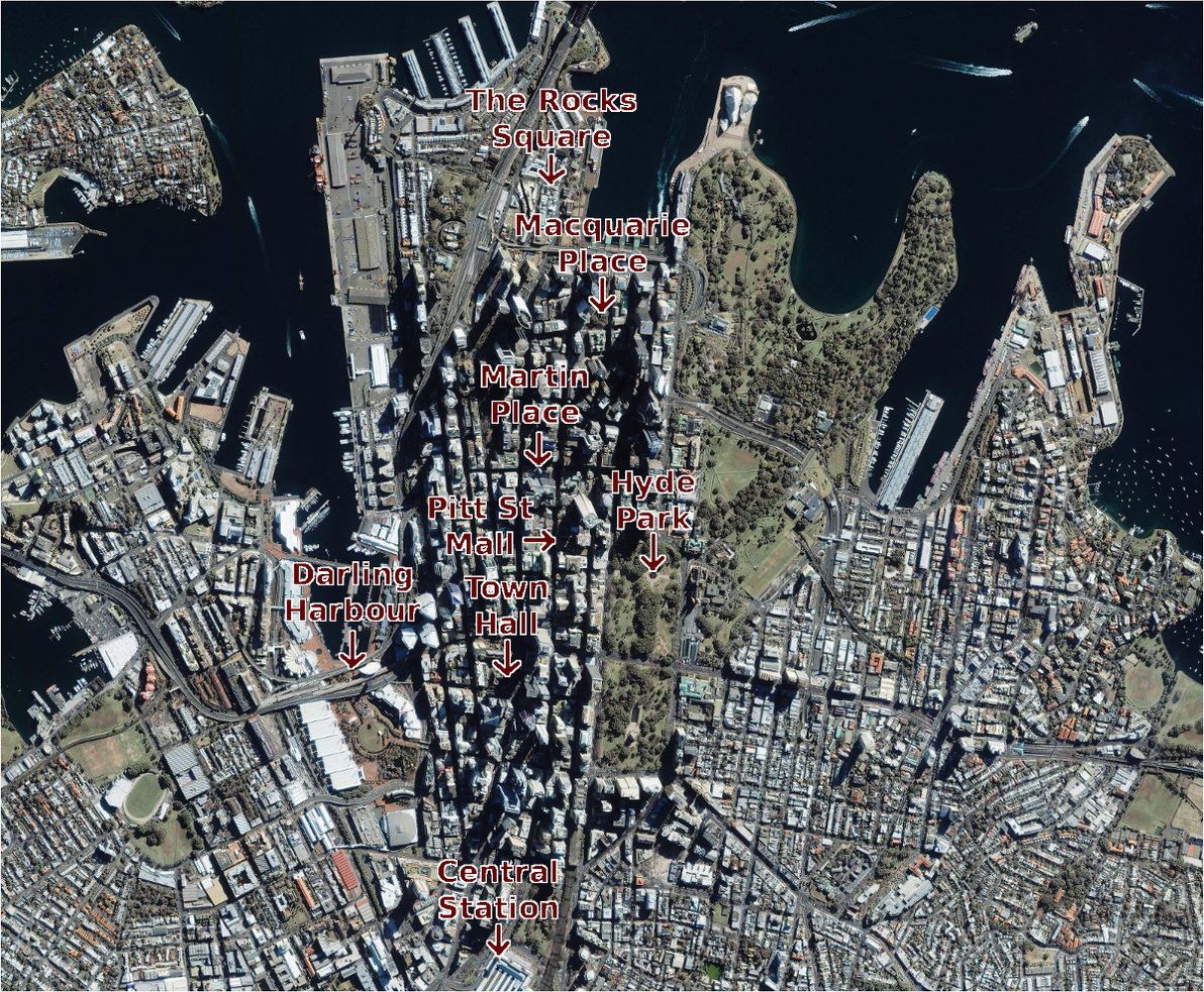 Satellite photo of Sydney CBD, annotated with locations of 
