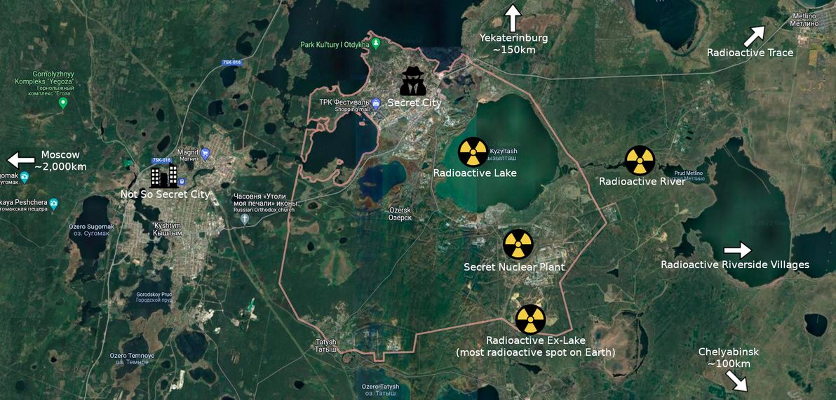 Map of Ozersk and surrounds. Bonus: the most secret places and the most radioactive places are marked!