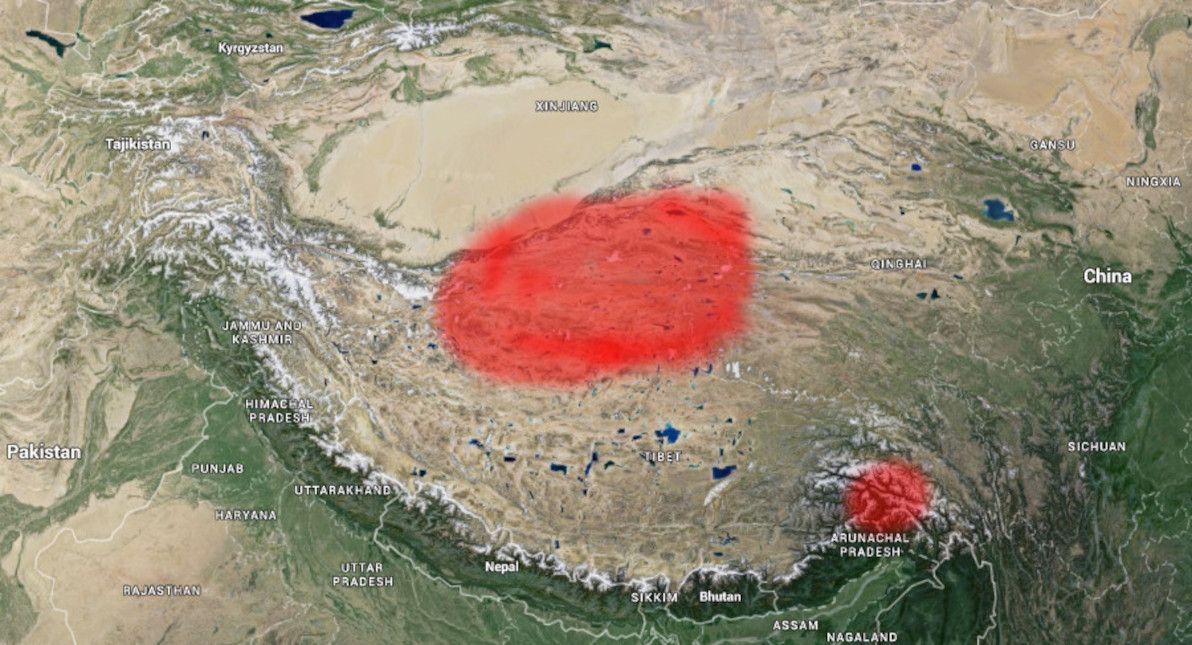 Map of Tibet: areas without roads (approximate) are highlighted in red.