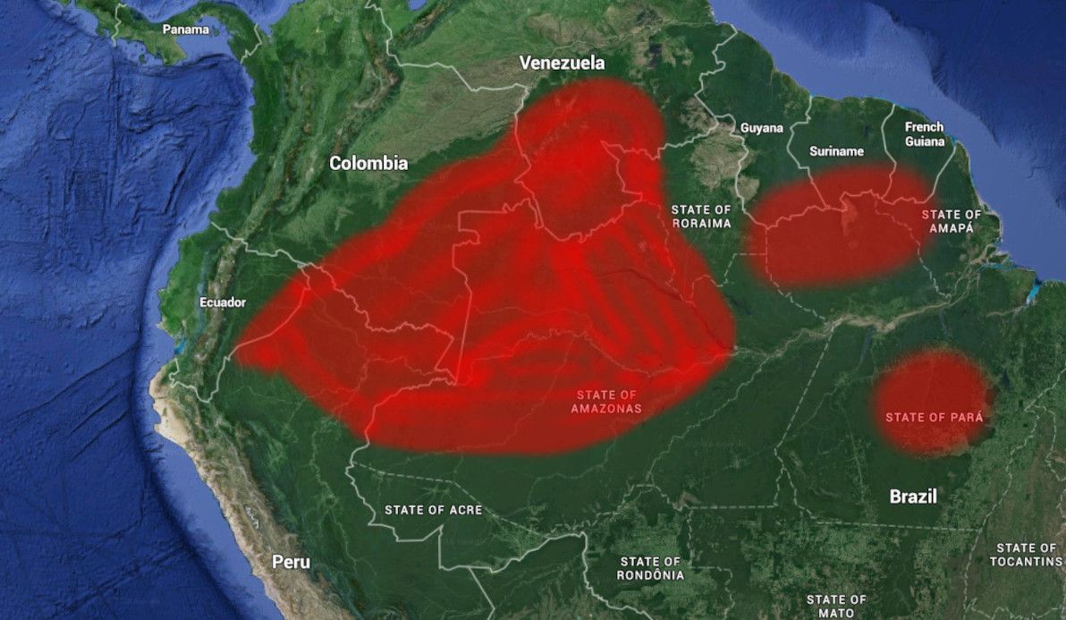 Map of the Amazon Basin: areas without roads (approximate) are highlighted in red.