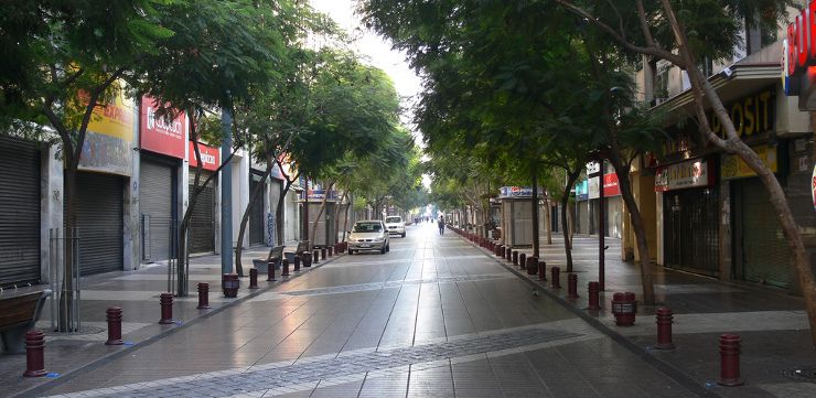 Santiago's central shopping strip on Sunday: grey on grey.