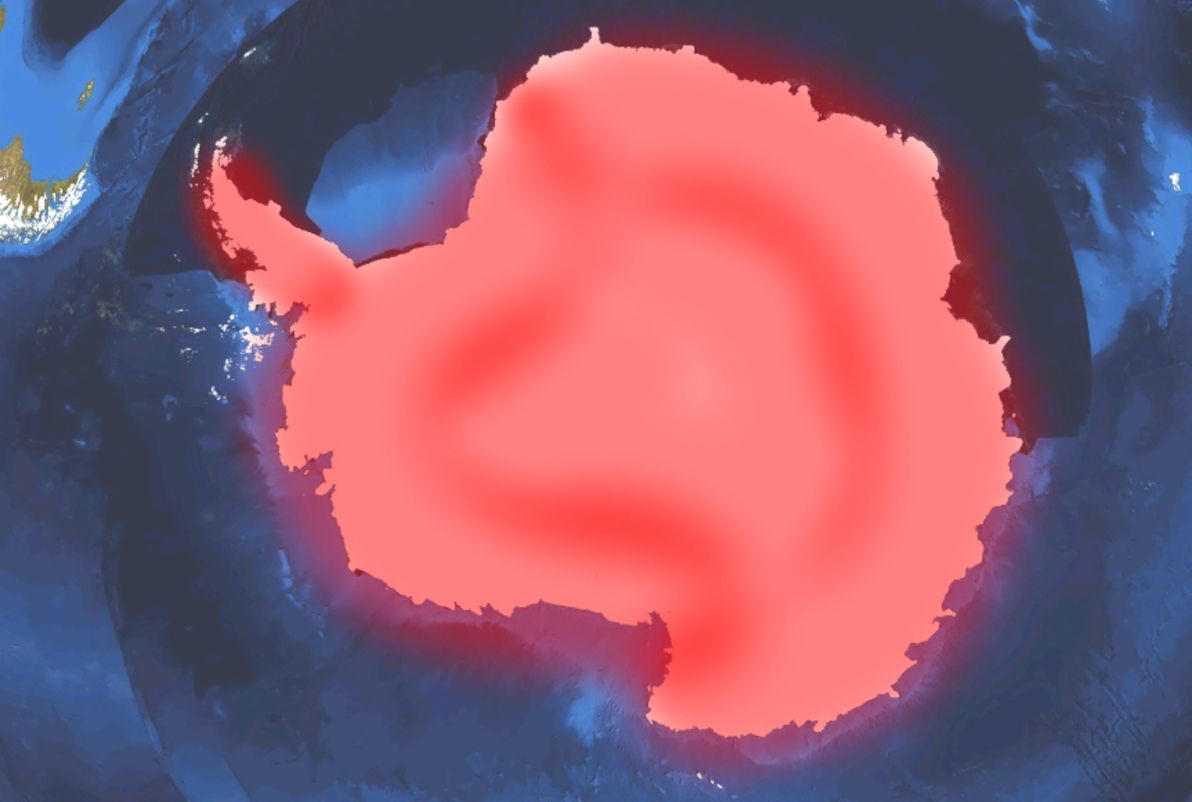 Map of Antarctica: areas without roads (approximate) are highlighted in red.