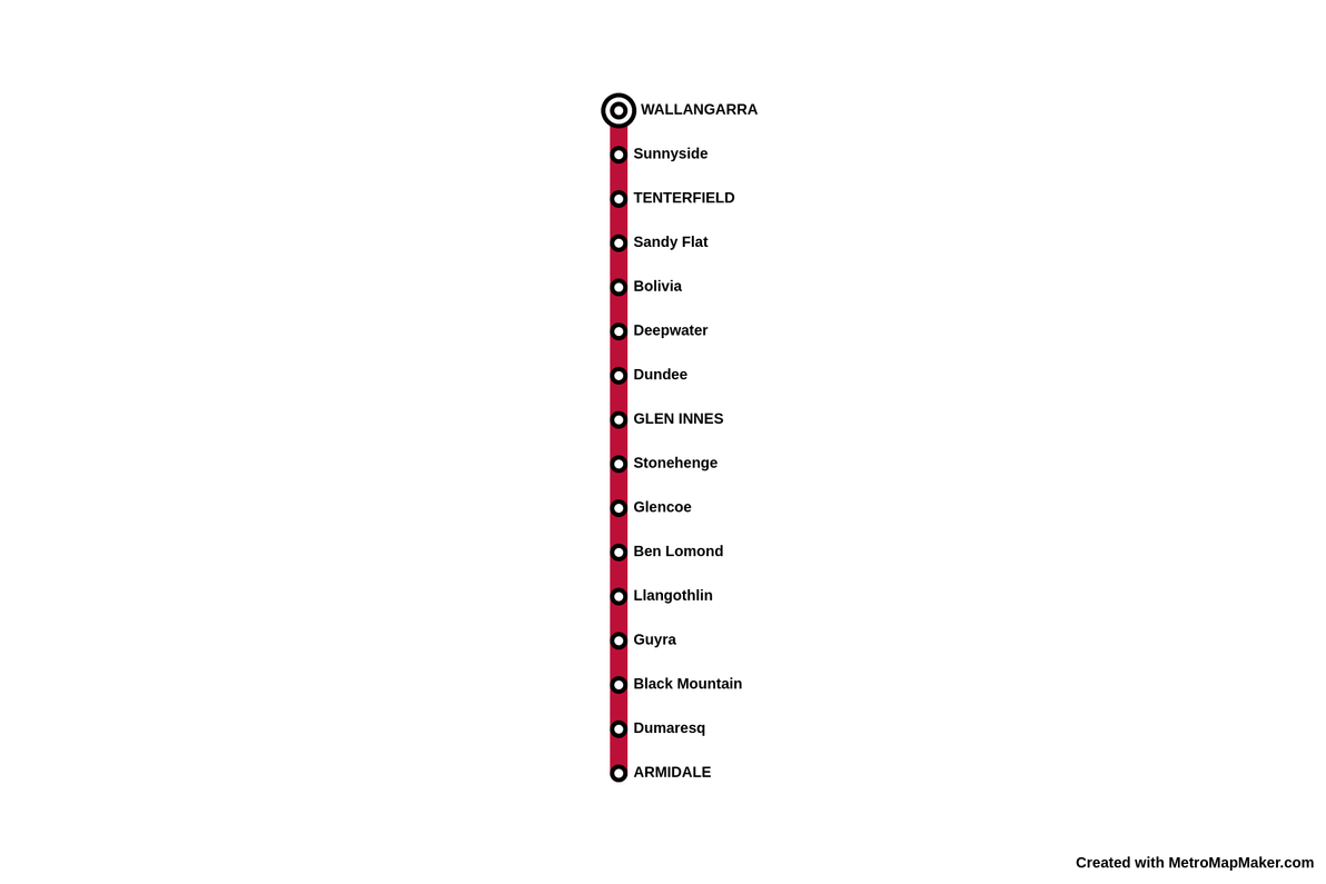 Metro map style illustration of the old Armidale to Wallangarra passenger service